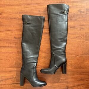 Sergio Rossi Black Leather Over the Knee Boots Block Heel Size 38 Womens Sz 8